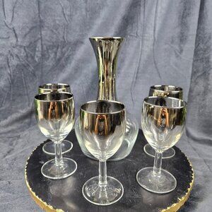 Mid-Century Modern Lusterware Decanter with 5 Matching Glasses Ombre Vintage